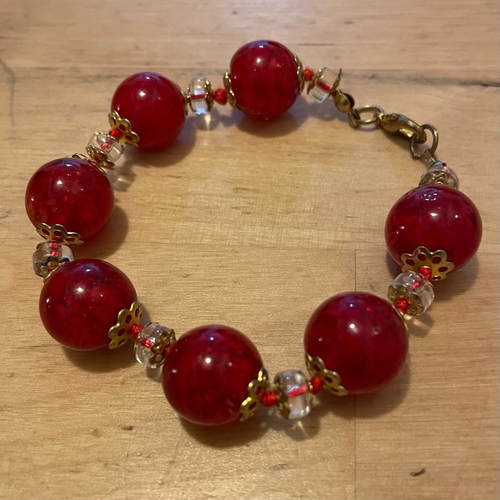 Vintage Cherry Red Glass Bead Bracelet Handcrafted
